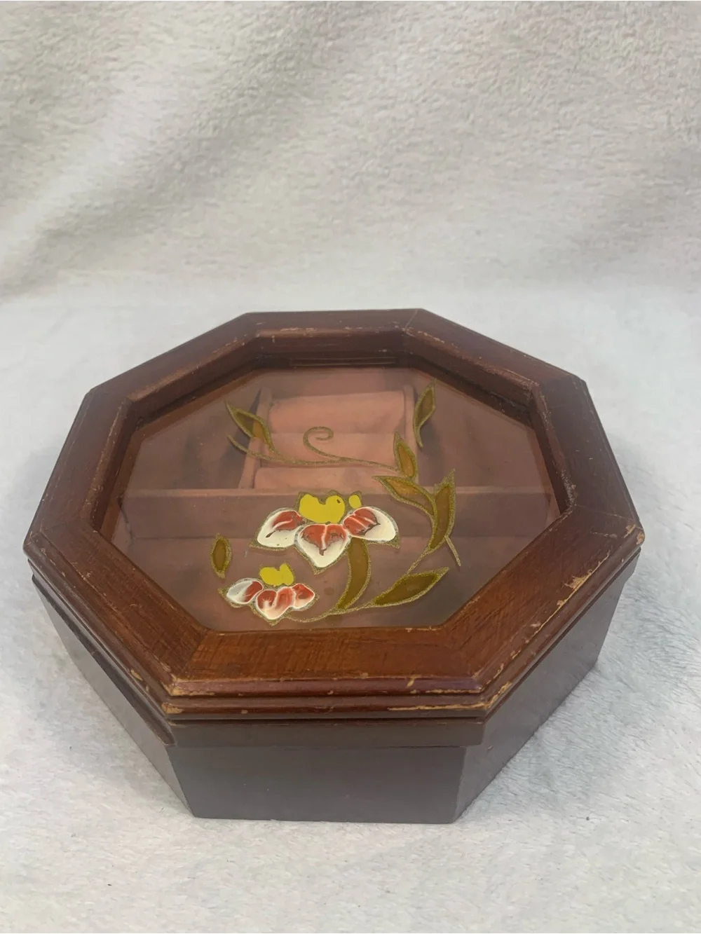 Cottagecore Grandma Octagonal Brown Floral Glass Jewelry Box - Velvet Inside